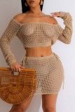 Rose Red Sexy Solid Hollowed Out See-through Off the Shoulder Long Sleeve Two Pieces