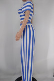 Blue Casual Striped Print Patchwork O Neck Short Sleeve Two Pieces