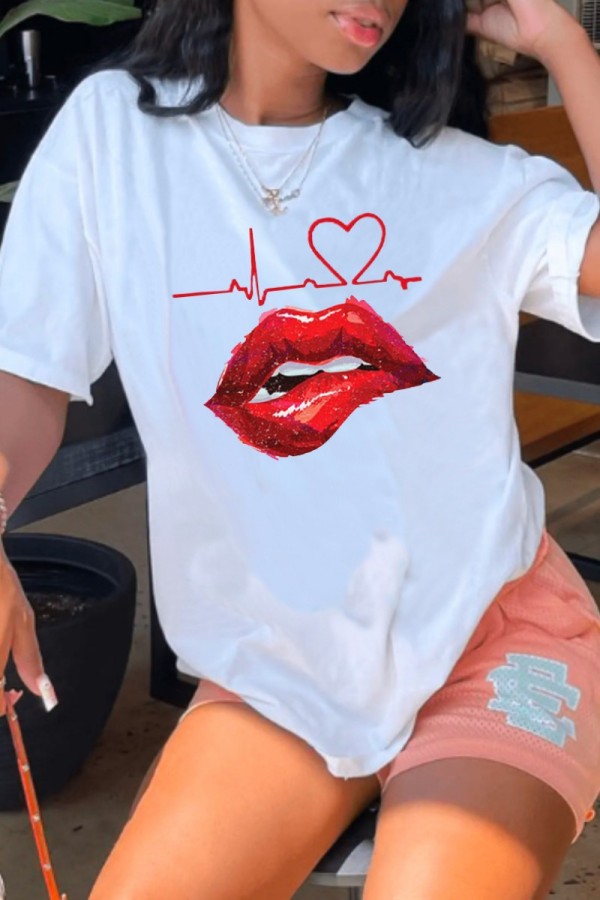 T-shirt con collo a O di base stampate con labbra casual bianche