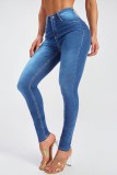 Blå Casual Solid Patchwork Skinny Jeans med hög midja