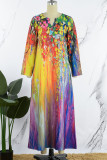 虹色ヴィンテージ エレガントなプリント パッチワーク V ネック ストレート ドレス