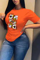Orangefarbene, lässige Patchwork-T-Shirts mit O-Ausschnitt und Patchwork-Aufdruck für den täglichen Gebrauch
