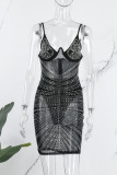 Black Sexy Patchwork Hot Drilling Backless Spaghetti Strap Sleeveless Dress Dresses