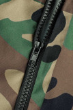 Armégrön Casual Street Print Kamouflagetryck Patchwork Pocket Zipper Turndown Krage Raka Jumpsuits