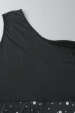Schwarzer Sexy Print Polka Dot Patchwork Durchsichtiger Schrägkragen Plus Size Jumpsuits