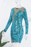 Blauwe sexy patchwork pailletten doorzichtige O-hals jurken met lange mouwen