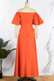 Oranje casual effen rugloze split off-shoulder jurk met korte mouwen Jurken