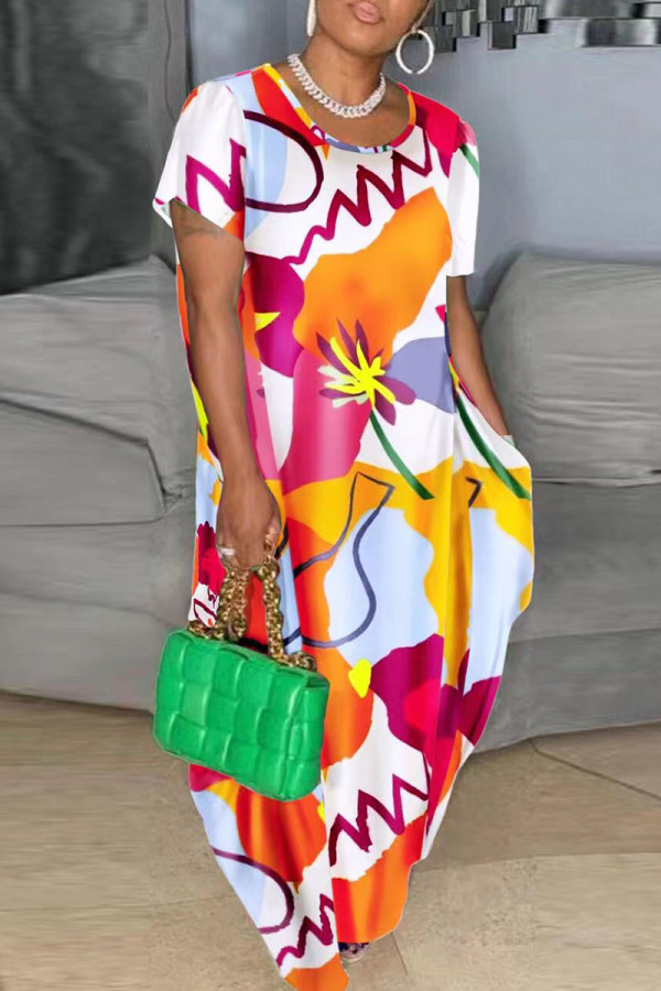 Color Fashion Casual Print Patchwork O-Ausschnitt langes Kleid Plus Size Kleider