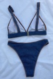 The cowboy blue Sexy Solid Patchwork Backless Swimwears (With Paddings)