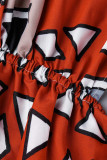 Rosso mattone vintage elegante stampa fasciatura patchwork colletto asimmetrico una linea abiti