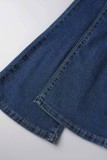 Djupblå Casual Solid Patchwork Mid Waist Regular Denim Jeans