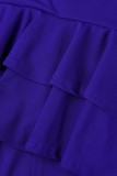 ブルー カジュアル ソリッド スリット O ネック ショート スリーブ ドレス プラス サイズ ドレス