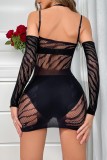 Black Sexy Solid Hollowed Out See-through Backless Lingerie (With Sleeves)