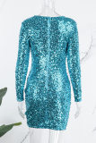 Blue Sexy Patchwork Sequins See-through O Neck Long Sleeve Dresses