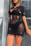 Black Sexy Patchwork Hot Drilling Hollowed Out See-through Babydolls
