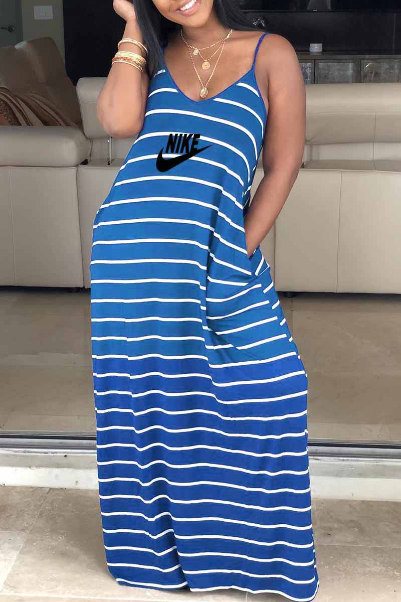 

Blue Bohemian Striped Letter Spaghetti Strap A Line Dresses