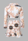 White Casual Print Bandage Turndown Collar Long Sleeve Two Pieces