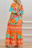 オレンジ カジュアル プリント バンデージ バックレス スクエア カラー ロング ドレス ドレス