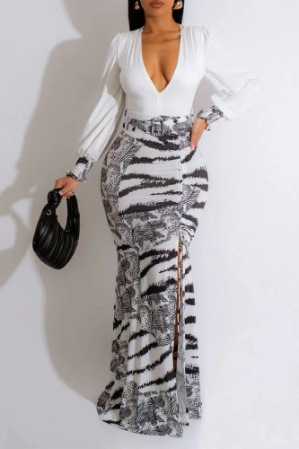 Black Sexy Print Solid Patchwork V Neck Waist Skirt Dresses