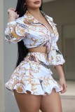 White Casual Print Bandage Turndown Collar Long Sleeve Two Pieces