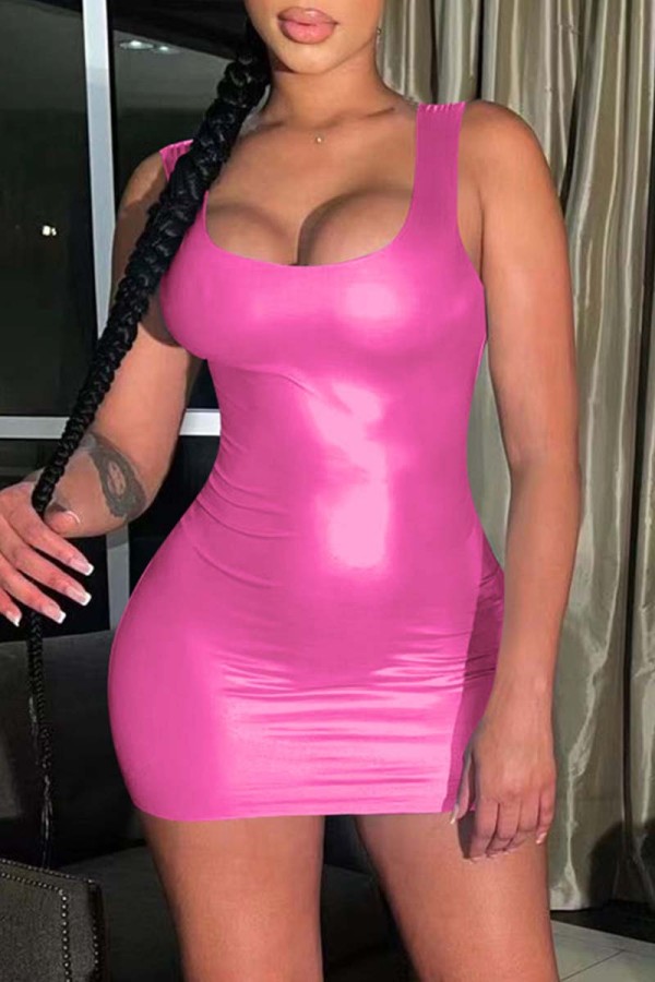 Розовое сексуальное однотонное базовое платье-майка с U-образным вырезом Платья