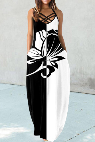 Black White Sexy Print Patchwork Spaghetti Strap Printed Dress Dresses