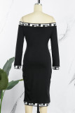 Черные элегантные платья в стиле пэчворк с открытыми плечами и юбкой на один шаг