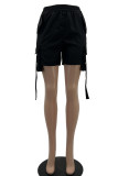 Pantalones de color sólido rectos de cintura alta asimétricos con bolsillo de patchwork sólido casual negro