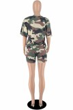Rosa Casual Camouflage Print Letter O Neck Kurzarm Zweiteiler