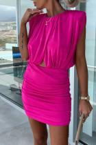 ローズレッドのセクシーなソリッド中空アウトパッチワークフォールドOネックペンシルスカートドレス