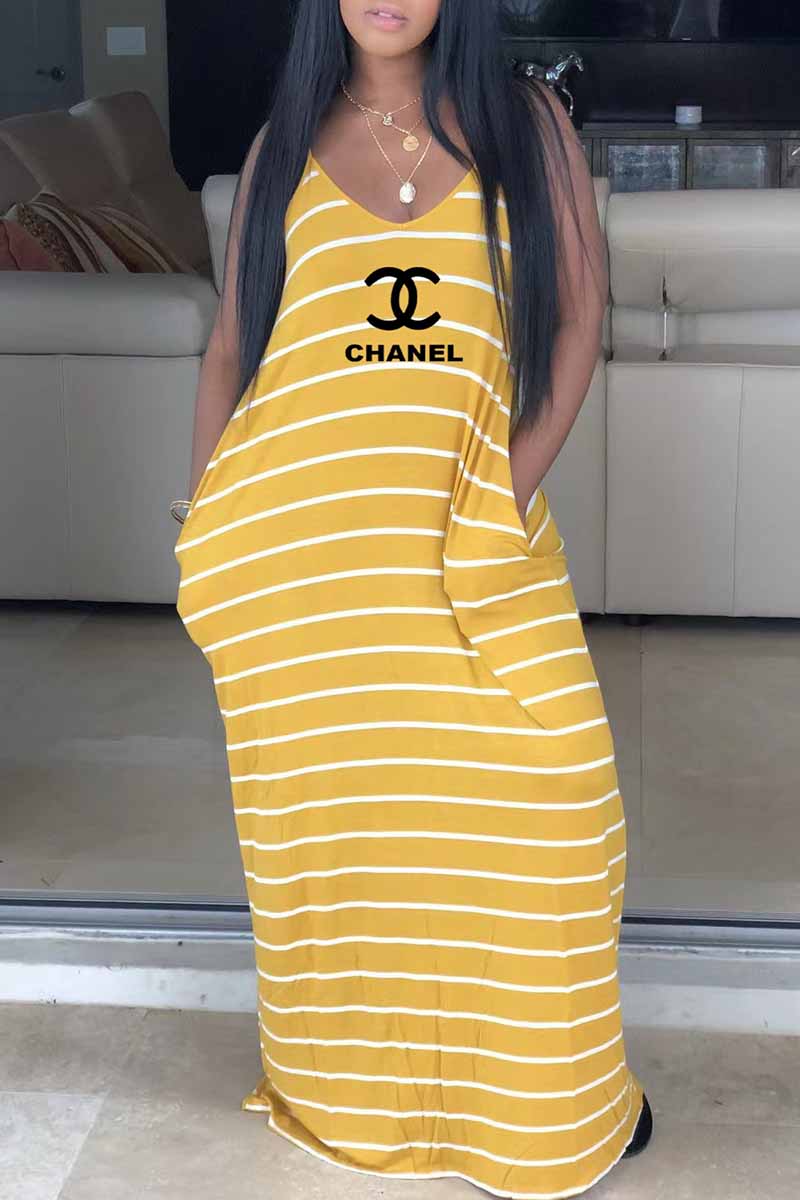 

Yellow Bohemian Striped Letter Spaghetti Strap A Line Dresses