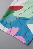 Colletto obliquo asimmetrico patchwork patchwork stampa casual blu Top taglie forti