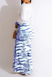 Blau Sexy Print Solid Patchwork V-Ausschnitt Taillenrock Kleider