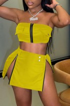 Yellow Sexy Solid Patchwork Slit Zipper Strapless Sleeveless Two Pieces