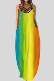カラー セクシー プリント パッチワーク スパゲッティ ストラップ プリント ドレス ドレス