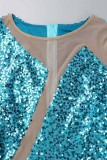 Blaue, sexy Patchwork-Pailletten, durchsichtige, langärmlige Kleider mit O-Ausschnitt