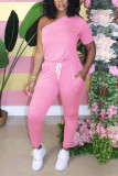 Розовый модный сексуальный приталенный комбинезон на одно плечо с коротким рукавом