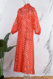 赤 カジュアル ソリッド シースルー タートルネック 長袖 ドレス