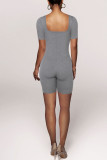 Grey Casual Sportswear Solid Patchwork Square Collar Skinny Rompers