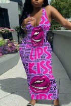 Púrpura sexy street print patchwork u cuello lápiz falda vestidos
