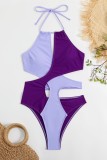 Purple Sexy Solid Bandage Hollowed Out Patchwork Backless Contrast Swimwears (With Paddings)