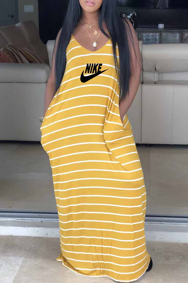 

Yellow Bohemian Striped Letter Spaghetti Strap A Line Dresses