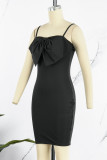 Negro sexy sólido patchwork con lazo correa de espagueti lápiz falda vestidos