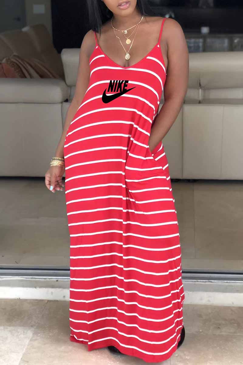 

Red Bohemian Striped Letter Spaghetti Strap A Line Dresses