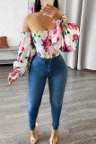 Witte casual print backless off-shoulder tops