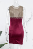 Vestido sin mangas con cuello en O transparente con perforación en caliente de retazos sexy burdeos Vestidos