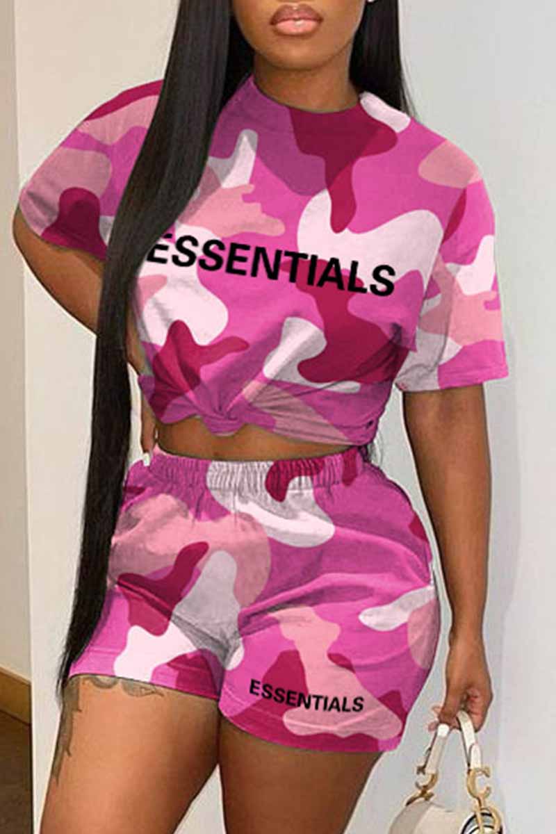 

Pink Casual Camouflage Print Letter O Neck Short Sleeve Two Pieces