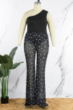 Black Sexy Print Polka Dot Patchwork See-through Oblique Collar Plus Size Jumpsuits