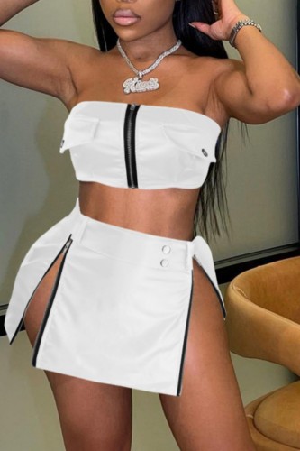 White Sexy Solid Patchwork Slit Zipper Strapless Sleeveless Two Pieces