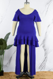 Blaues, lässiges, festes, kurzärmliges Kleid mit Schlitz und O-Ausschnitt in Übergröße